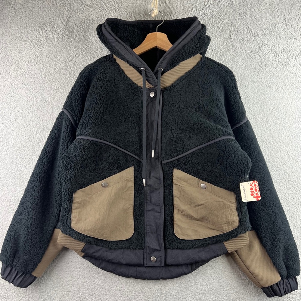 New FP Movement Hit The Slopes Moto Jacket Black Combo Sherpa Fleece Hooded XS - Picture 2 of 13